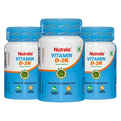 Patanjali Nutrela Vitamin D2K Natural - 60 Chewable Tablets for Men & Women - Vanilla Flavor (pack of 3)